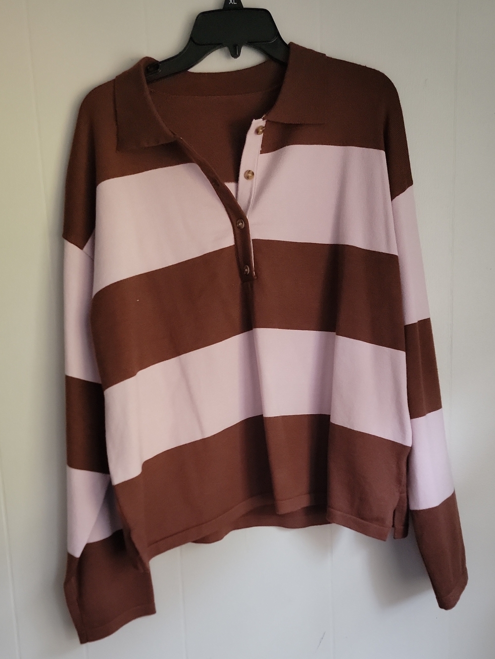 Women’s Brown and Light Pink Striped Polo Long Sleeve Top Sz. L